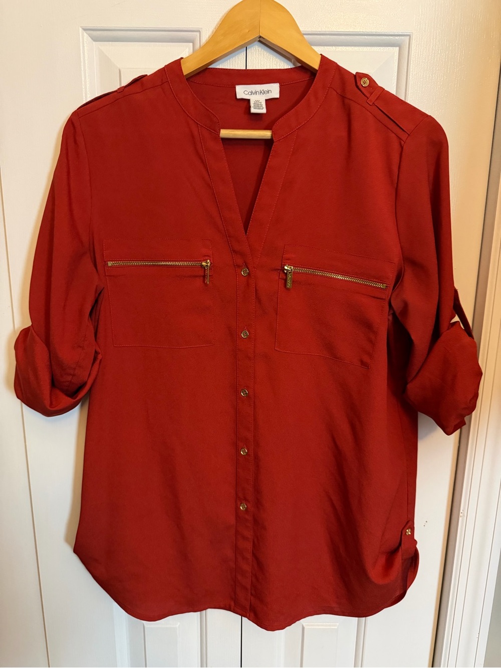 Calvin Klein Women's Burnt Orange Long Sleeve Zip-Pocket Blouse Medium
